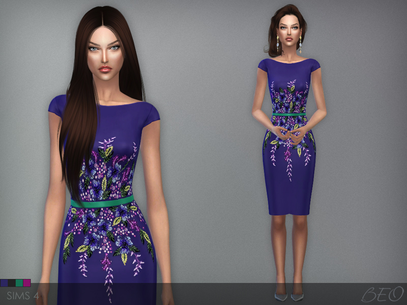 Multicolored embroidered short dress for The Sims 4 by BEO
